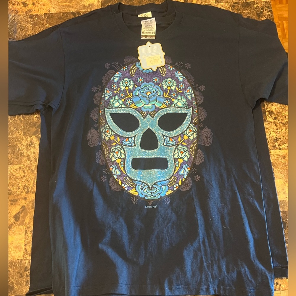 Blue Karani Art tshirt with Day of the Dead Skull